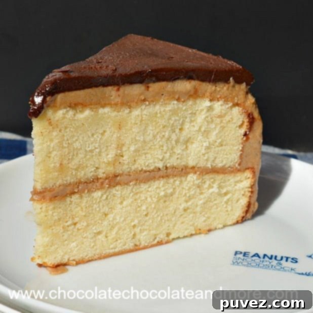 Perfect slice of Golden Yellow Cake with caramel and chocolate drizzle