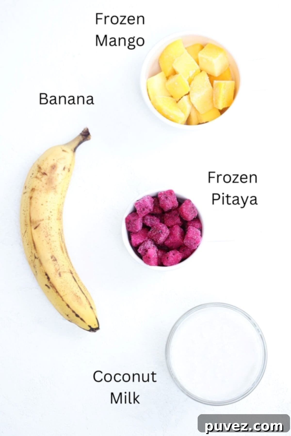 Pitaya smoothie ingredients, labeled.