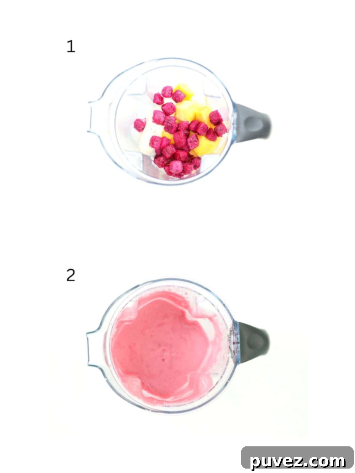 Top view of two blenders showing how to make a pitaya smoothie.