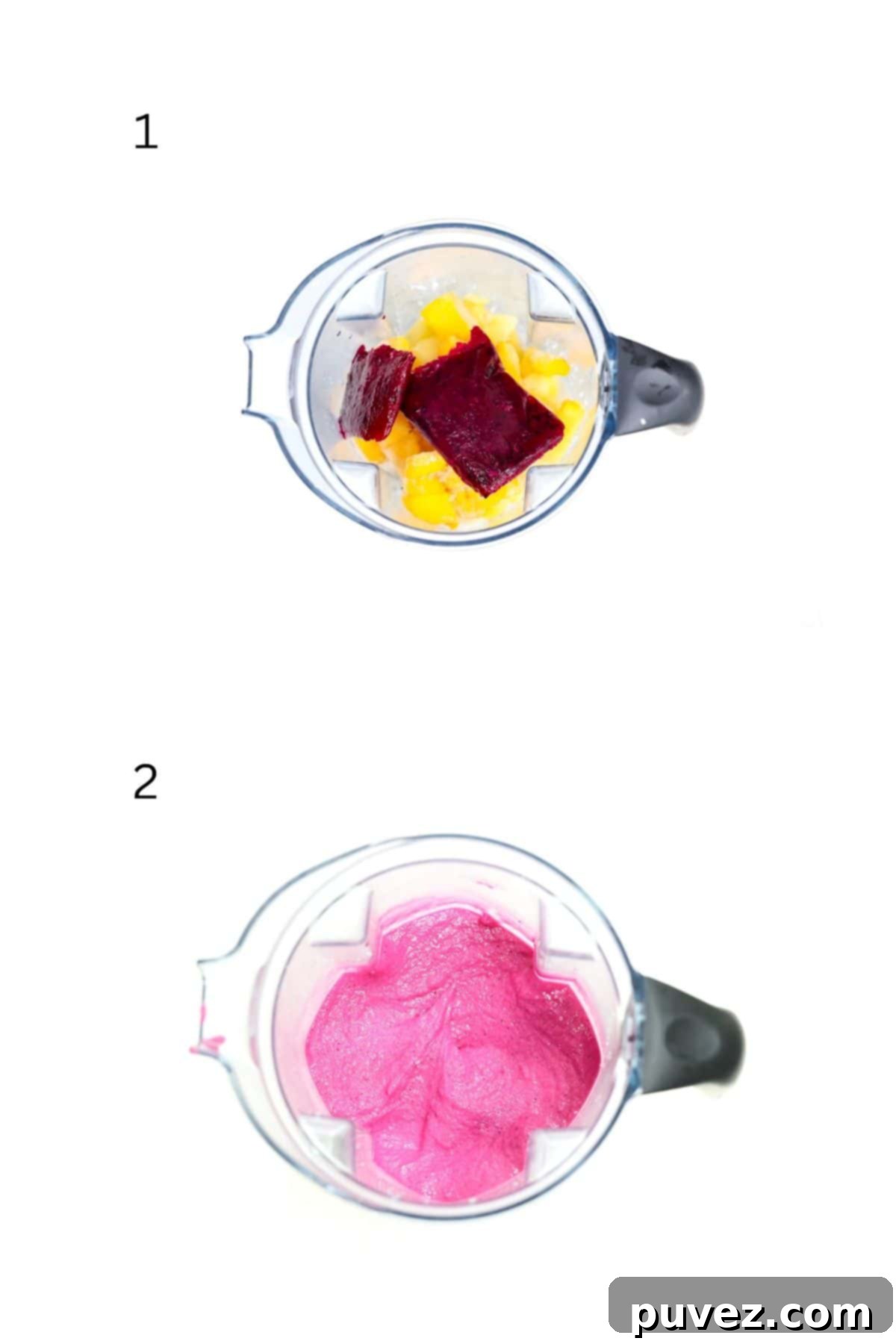 Two images showing how to make a Pitaya Bowl in a blender.