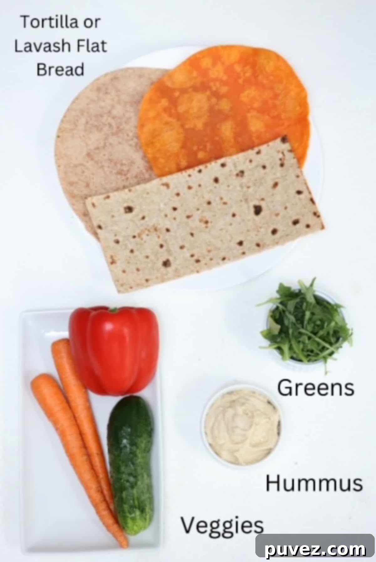 Hummus Veggie Wrap ingredients, labeled.