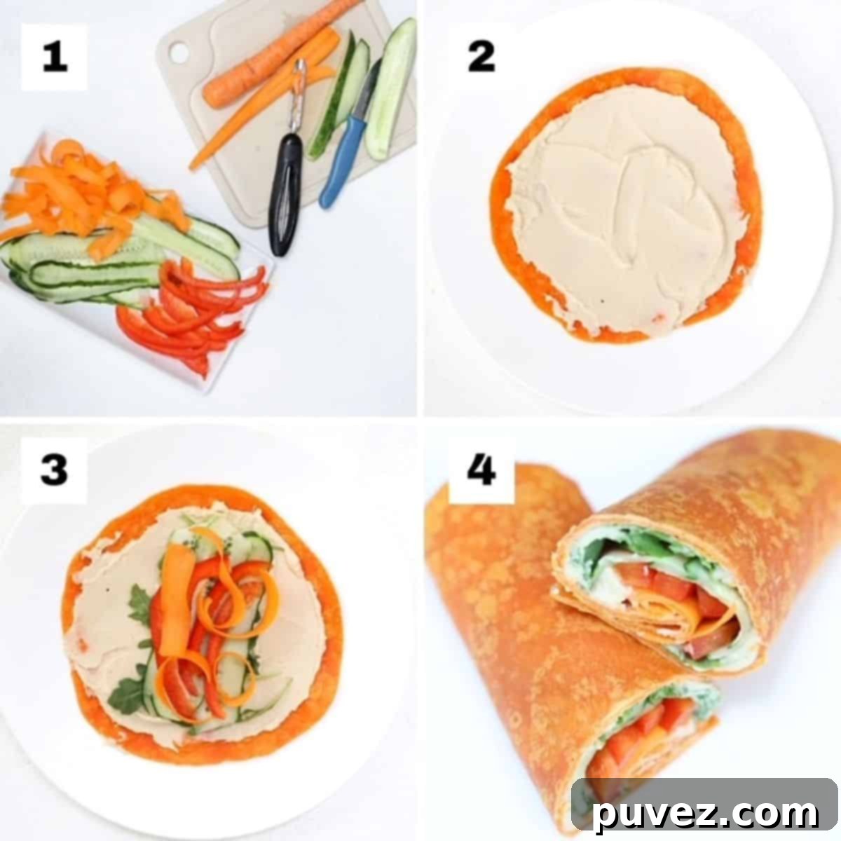 Four numbered images showing how to make a hummus veggie wrap.