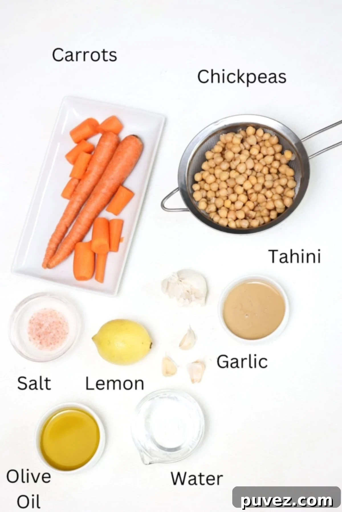 Carrot hummus recipe ingredients, labeled.