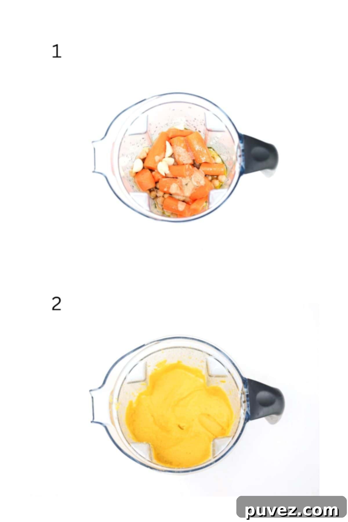 Two numbered images showing how to make carrot hummus in a blender.