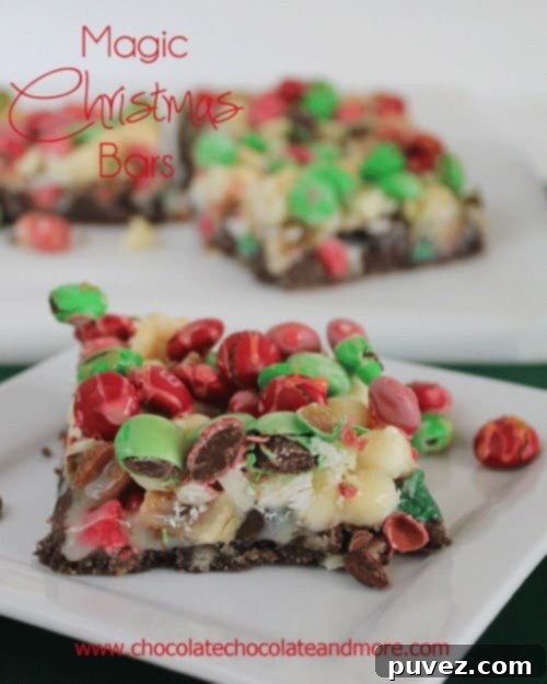 Magic Christmas Bars with layers of chocolate, nuts, and condensed milk