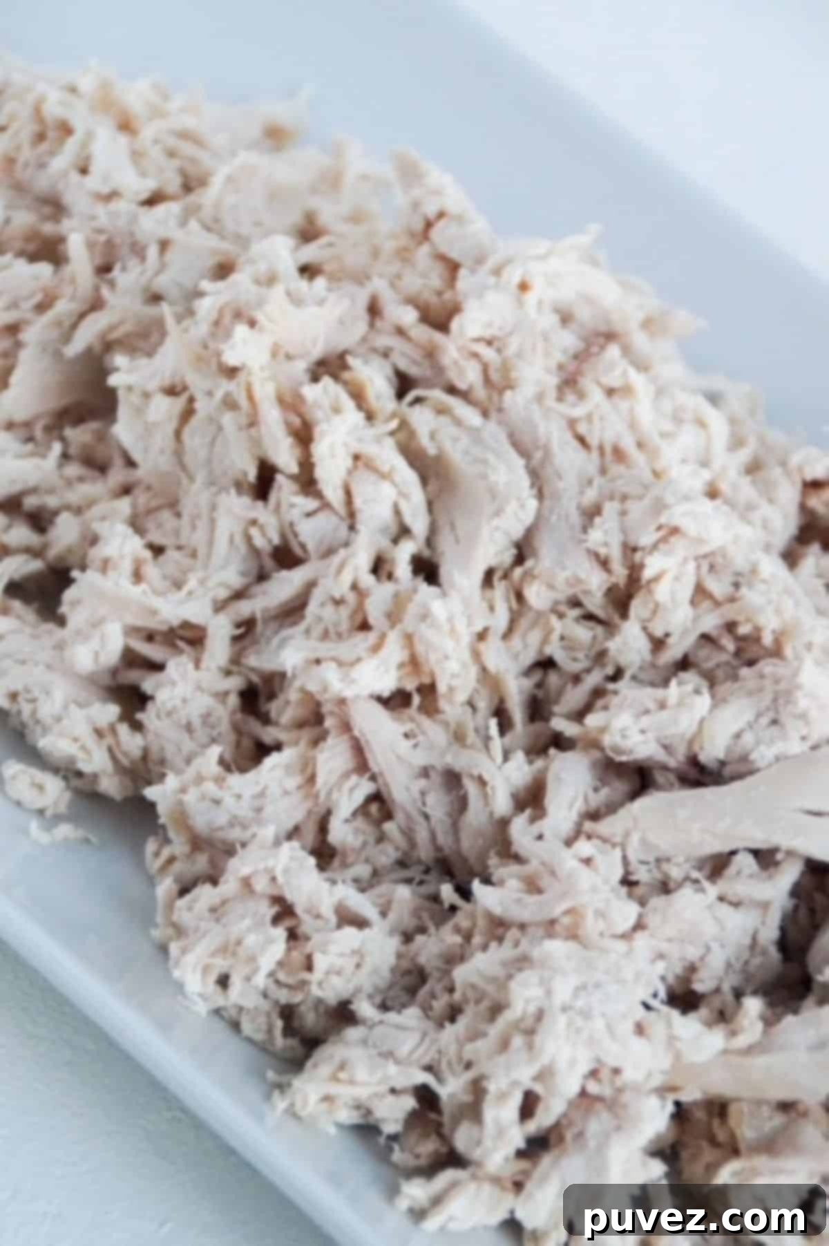 A generous serving of light, fluffy shredded chicken piled high on a pristine white platter, showcasing its perfect texture.