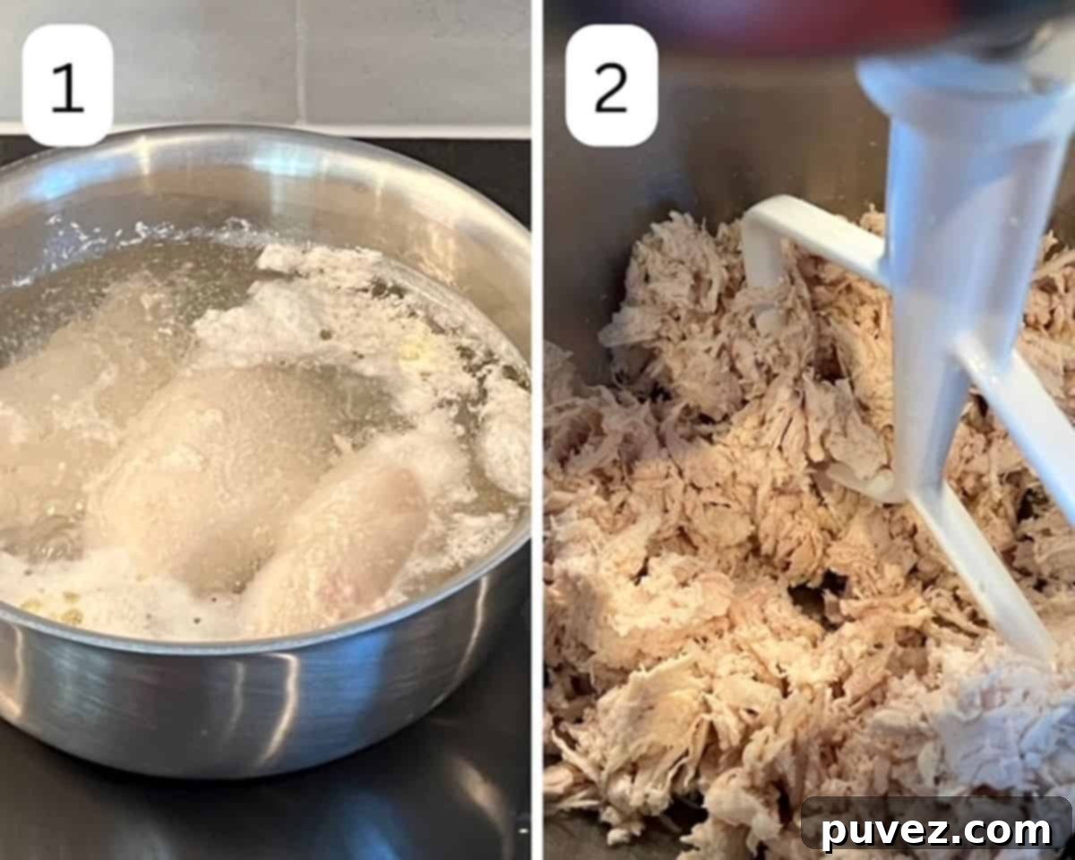 Two images side-by-side: on the left, boneless, skinless chicken breasts simmering in a saucepan of water; on the right, perfectly shredded chicken being prepared in a stand mixer with a paddle attachment.