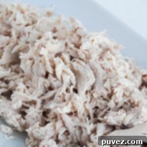 Fluffy, white shredded chicken perfectly arranged on a clean, white platter, ready for various dishes.