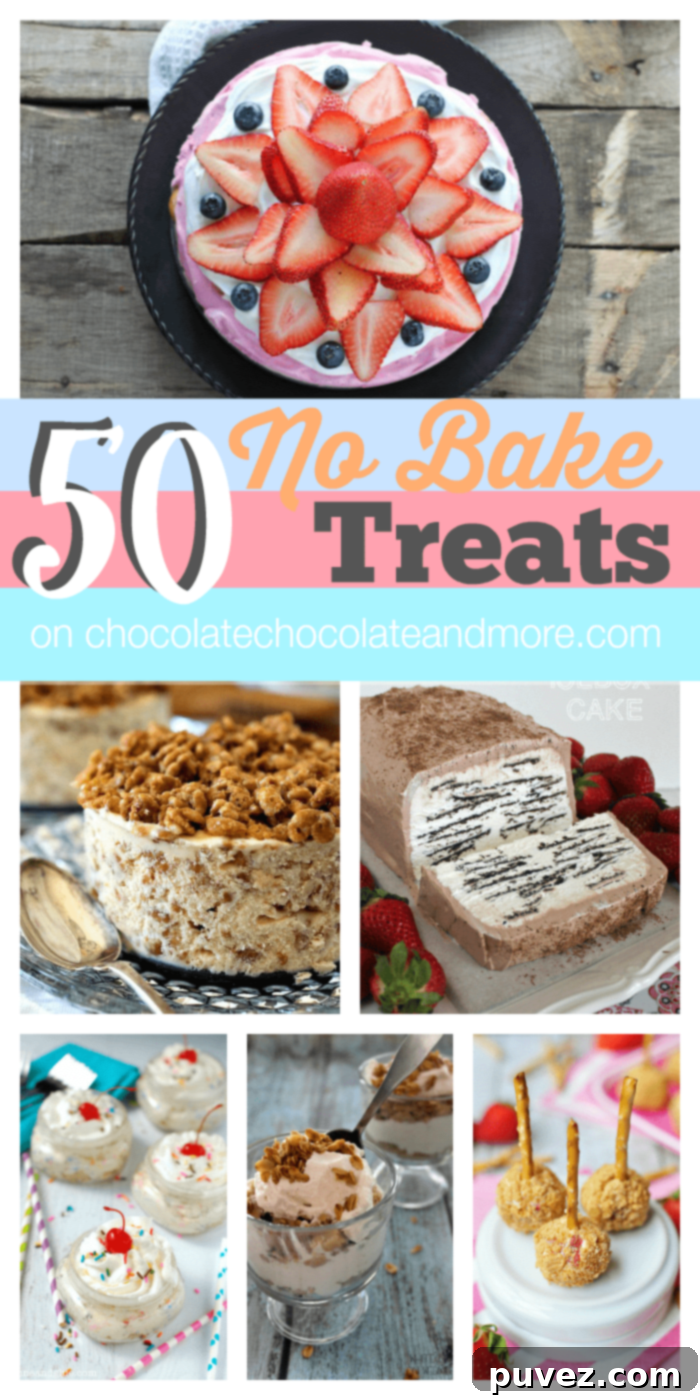 A vibrant collage of over 50 diverse no-bake treats, featuring cheesecakes, pies, bars, and parfaits, perfect for a cool and delicious dessert.