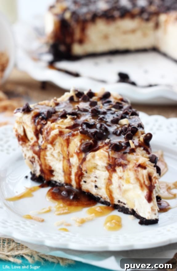 No Bake Samoa Cheesecake - inspired by the Girl Scout cookie with coconut, caramel, and chocolate
