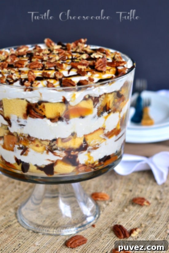 Turtle Cheesecake Trifle - layers of cheesecake, chocolate, caramel, and pecans