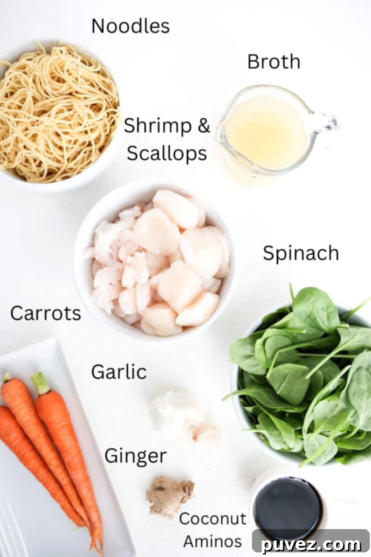 Ingredients to make Asian-inspired noodle bowls, labeled.