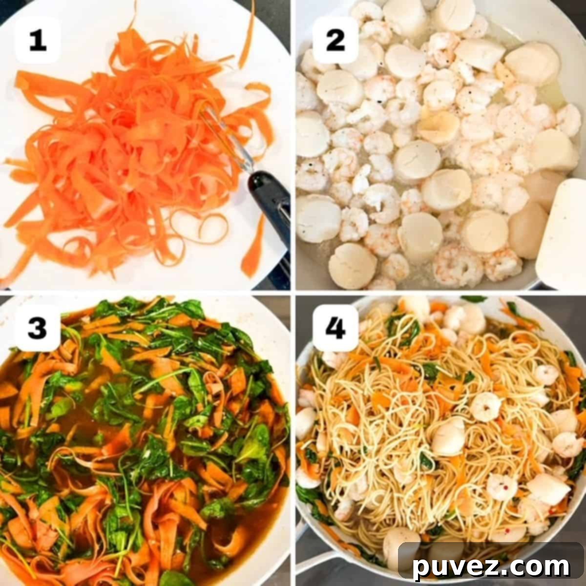Four numbered process images showing how to make a noodle bowl with shrimp and scallops.