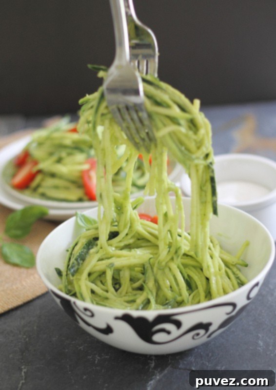 Healthy Zucchini Pasta with creamy avocado sauce