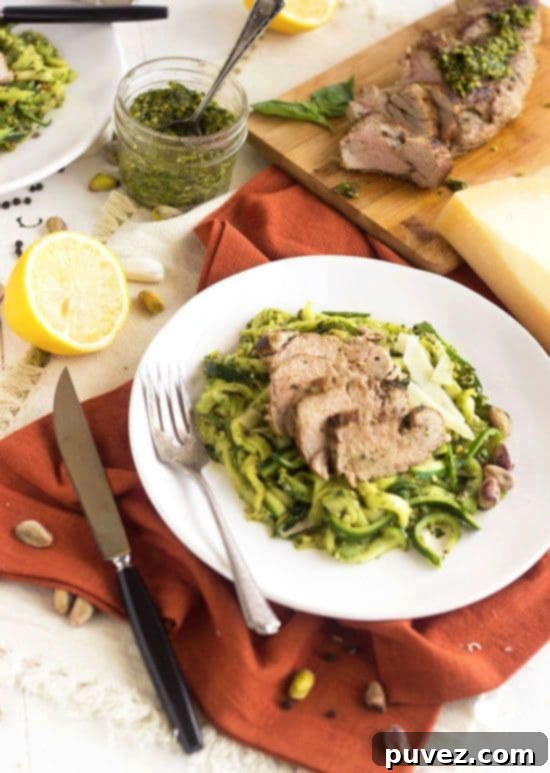 Flavorful Pistachio Pesto Zoodles with Roasted Pork Tenderloin