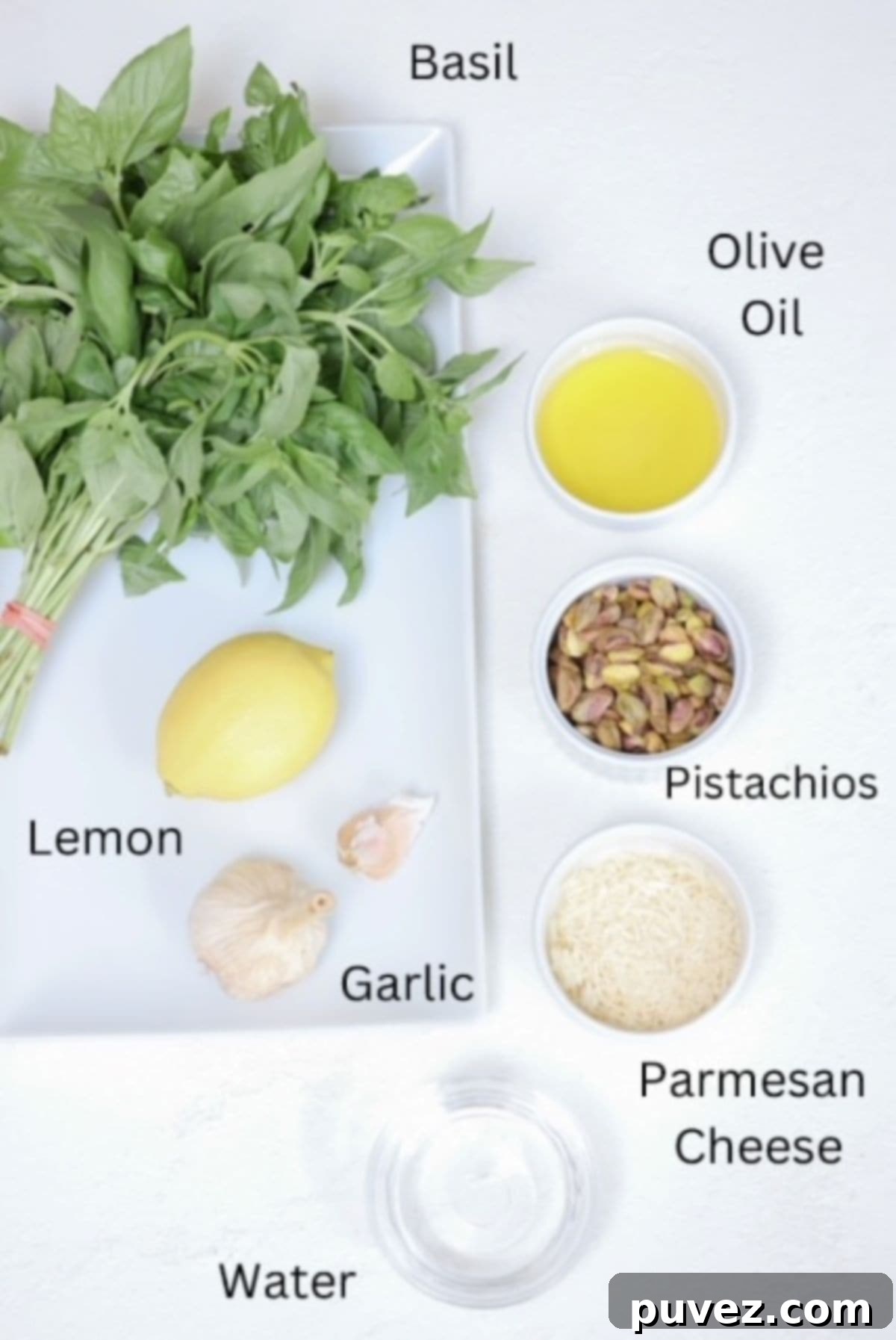 Labeled ingredients for Pistachio Pesto, including fresh basil, pistachios, garlic, lemon, olive oil, and parmesan cheese.