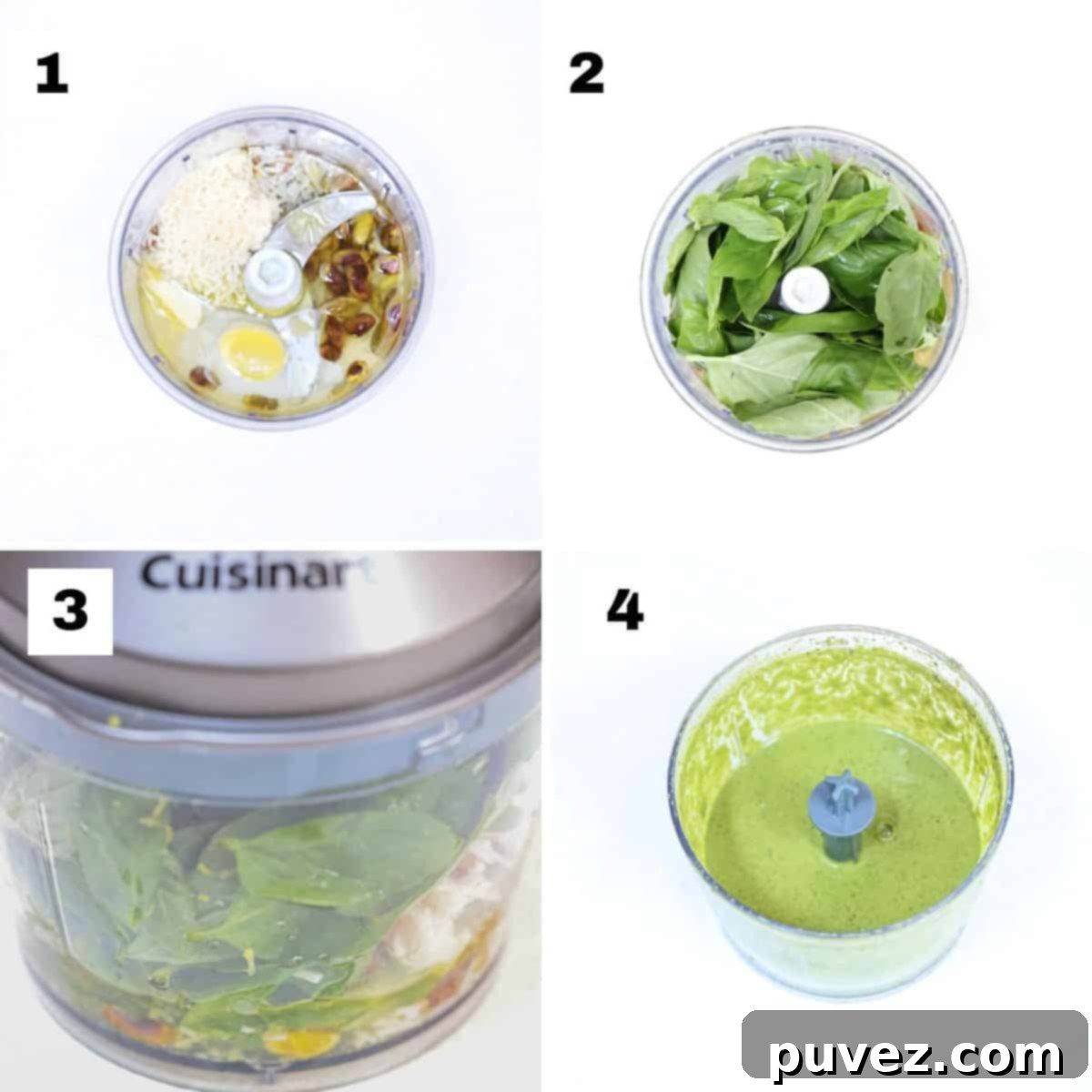 Four numbered images showing how to make pistachio pesto: 1. Ingredients in processor, 2. Blending, 3. Smooth pesto, 4. Pesto in bowl.