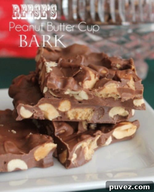 Reese’s Peanut Butter Cup Bark with chopped Reese's and peanuts.