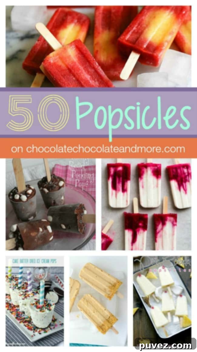 A vibrant collection of 50 assorted homemade popsicle recipes to cool down on a hot summer day, featuring various fruits and flavors.