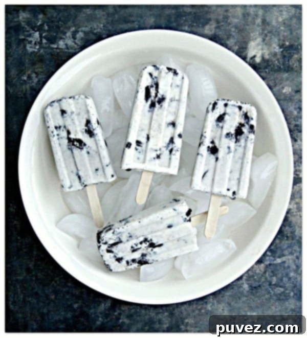 Irresistible Cookies and Cream Popsicles, a classic flavor combination in a delightful frozen treat.