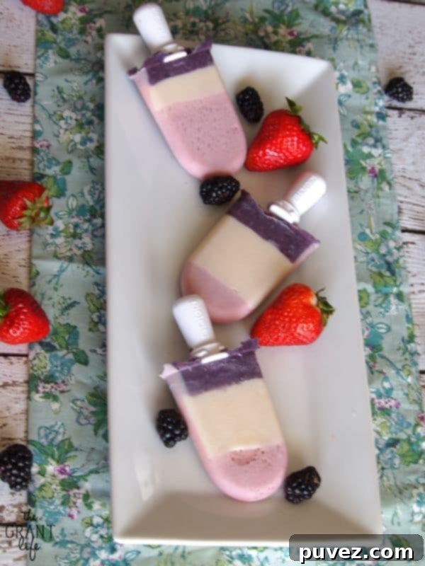 Intense Double Berry Popsicles, packed with natural fruit flavor for a refreshing summer treat.