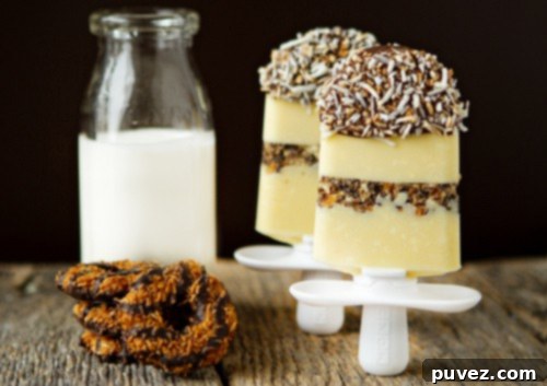 Delicious Samoa Popsicles, inspired by the classic cookie with coconut, caramel, and chocolate flavors.