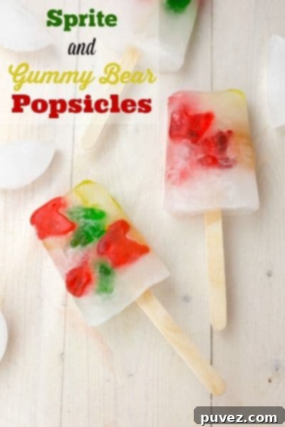 Whimsical Sprite and Gummy Bear Popsicles, a fun, fizzy, and colorful frozen treat for kids.