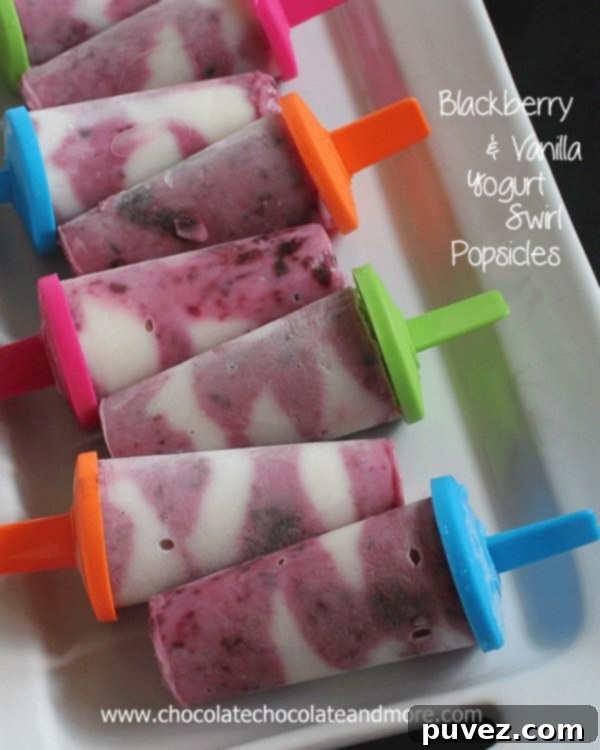 Elegant Blackberry and Vanilla Yogurt Swirl Popsicles, a refreshing frozen treat with a beautiful marbled effect.