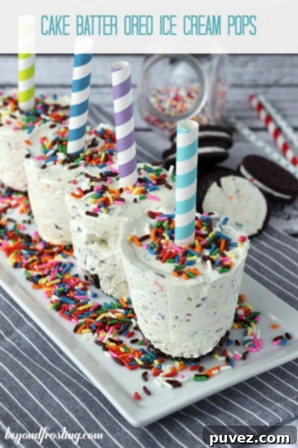 Festive Cake Batter Oreo Ice Cream Pops, a creamy and crunchy frozen dessert that tastes like a celebration.
