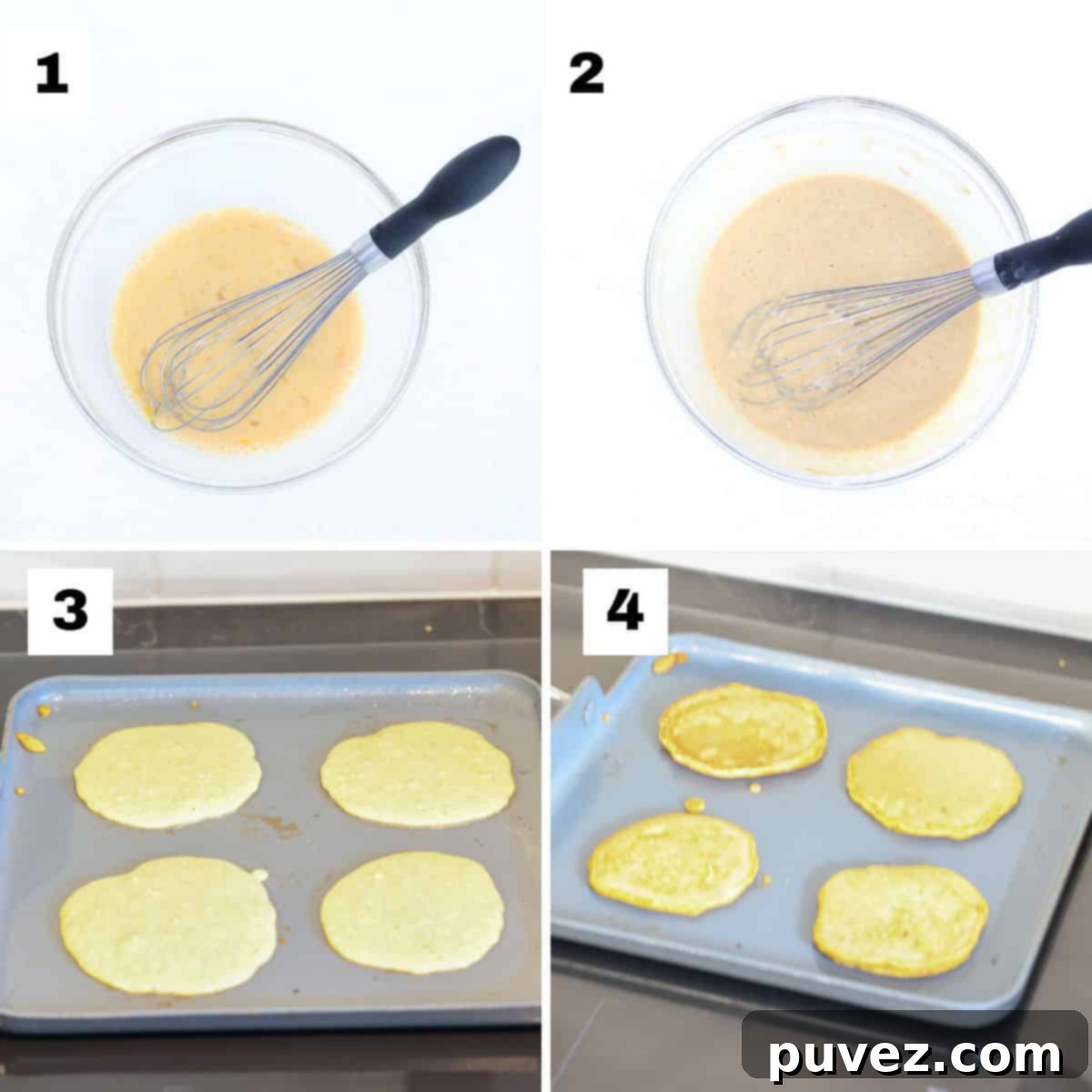 Four numbered images showing how to make pumpkin pancakes.