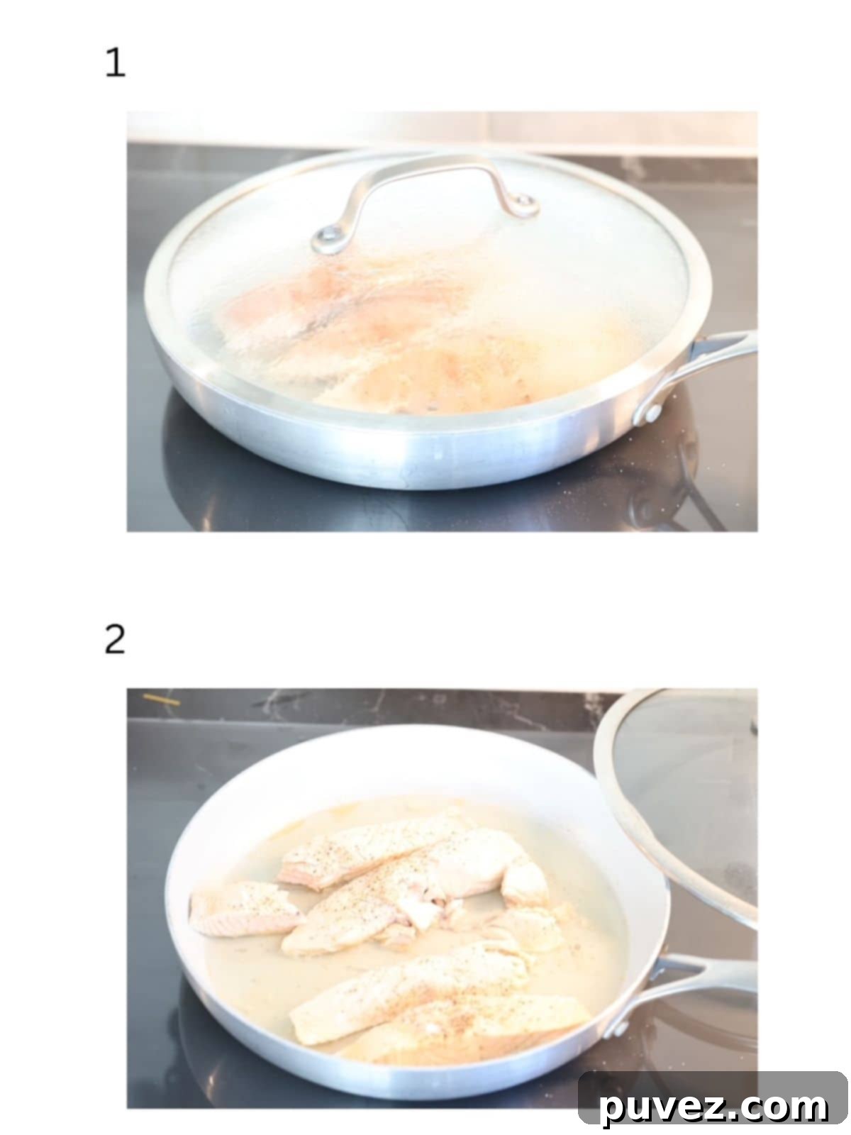 Two numbered images showing how to make poached salmon. One shows salmon fillets in a simmering liquid, the other shows a cooked fillet flaking.
