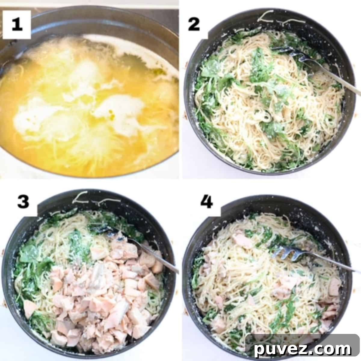 Four numbered images showing how to make an easy pasta dish with salmon. From cooking pasta to mixing in ingredients and adding salmon.