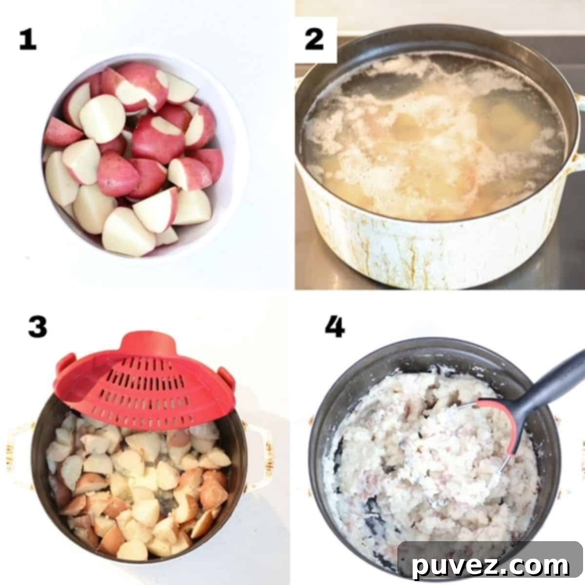 Four numbered images showing how to make red skinned mashed potatoes, from cutting to mashing.