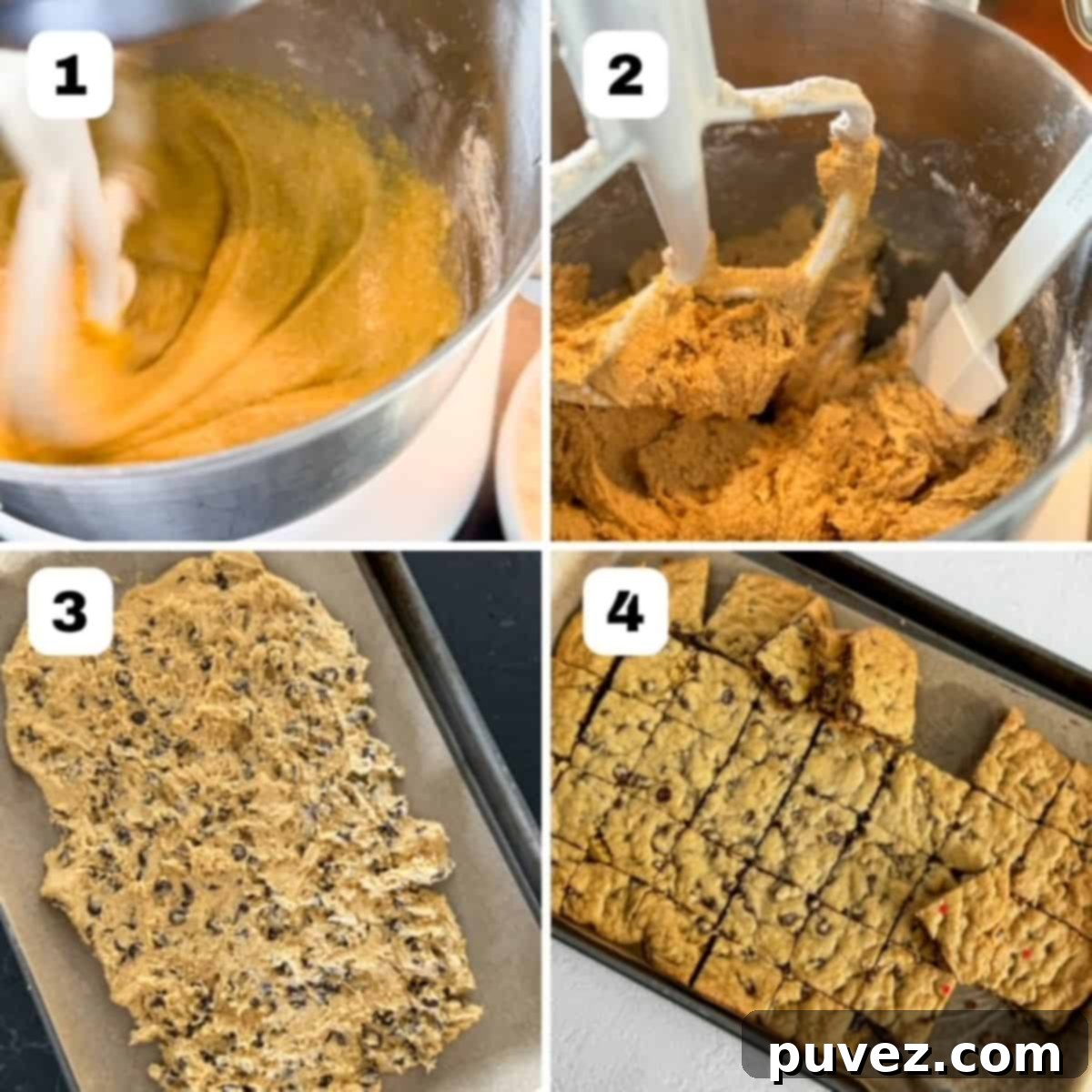 Gooey Chocolate Chip Cookie Bars 4 Four numbered images showing how to make chocolate chip pan cookies.