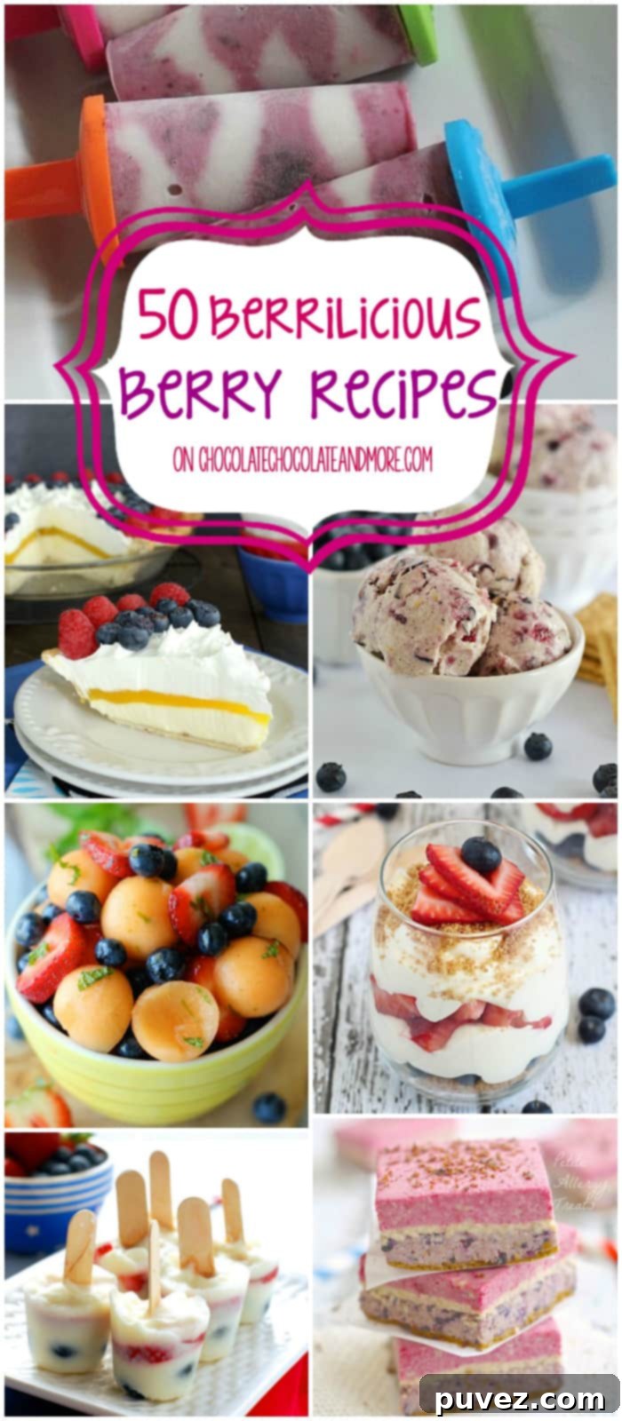 A vibrant collection of berry desserts, showcasing strawberries, blueberries, raspberries, and blackberries in various forms.