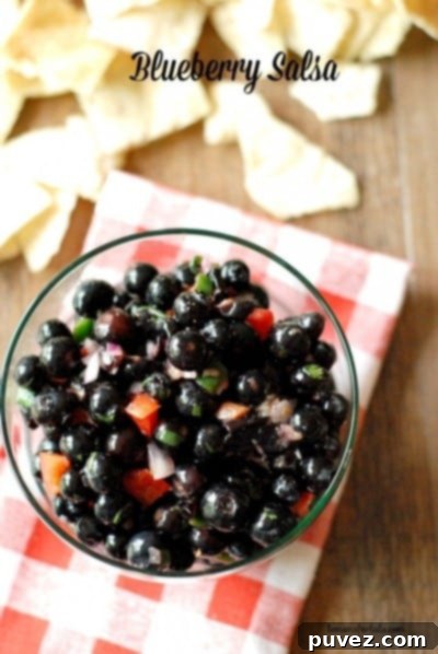 Fresh Blueberry Salsa in a white bowl, served with tortilla chips.