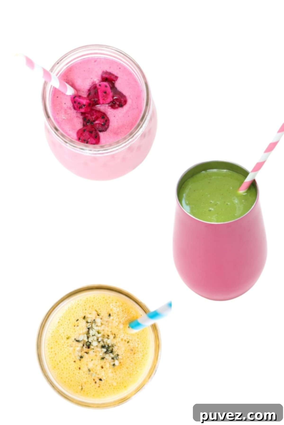 Three images of different fruit smoothies with a white background.