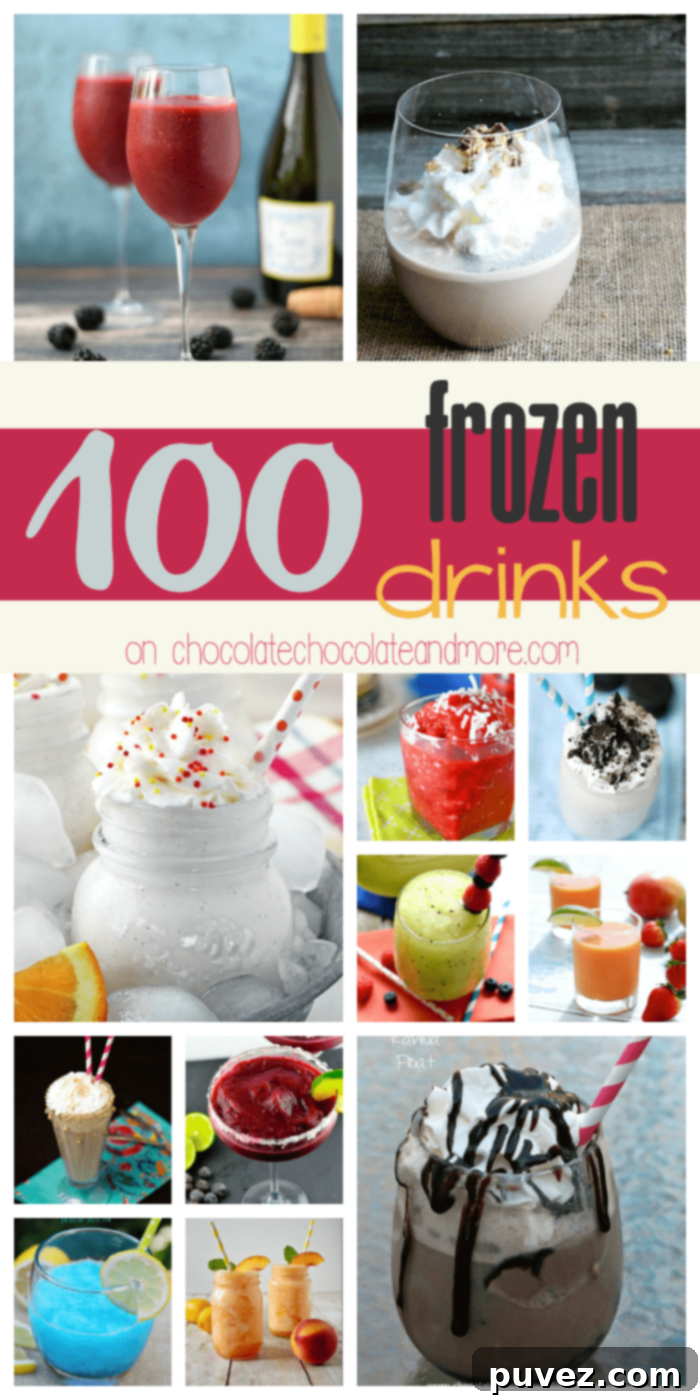A vibrant collection of 100 frozen drinks, featuring chocolate, vanilla, fruity, boozy, healthy, and indulgent options, appealing to all tastes.
