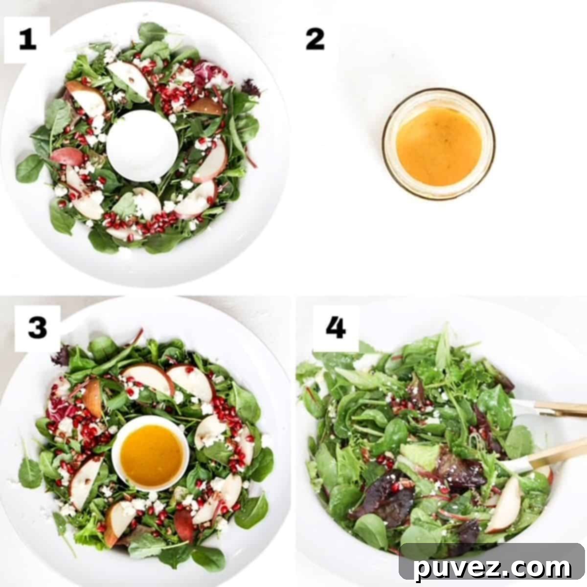 A four-panel image collage illustrating the steps to make a Christmas holiday salad: arranging greens, adding toppings, preparing dressing, and pouring dressing into a central bowl.