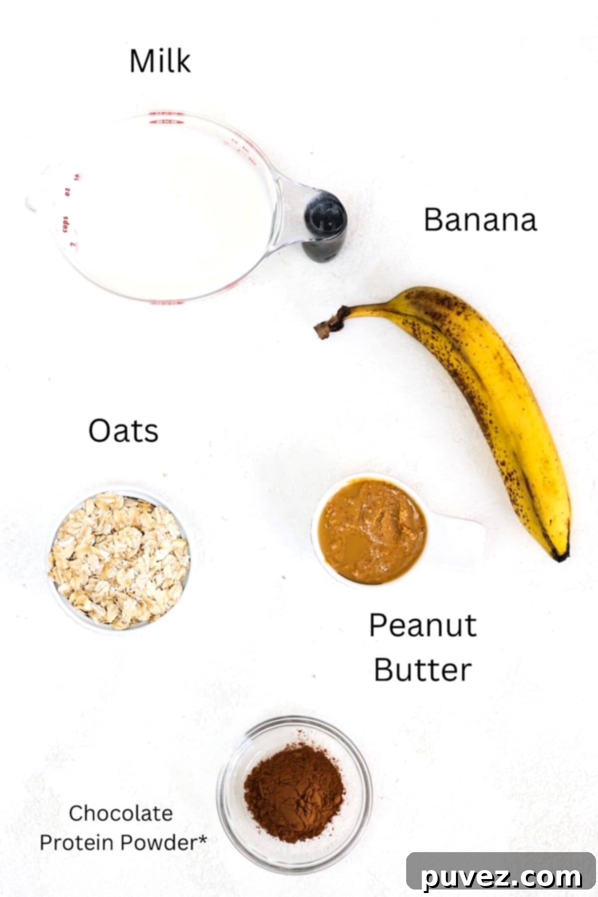 Peanut Butter Banana Oatmeal Smoothie ingredients, labeled.
