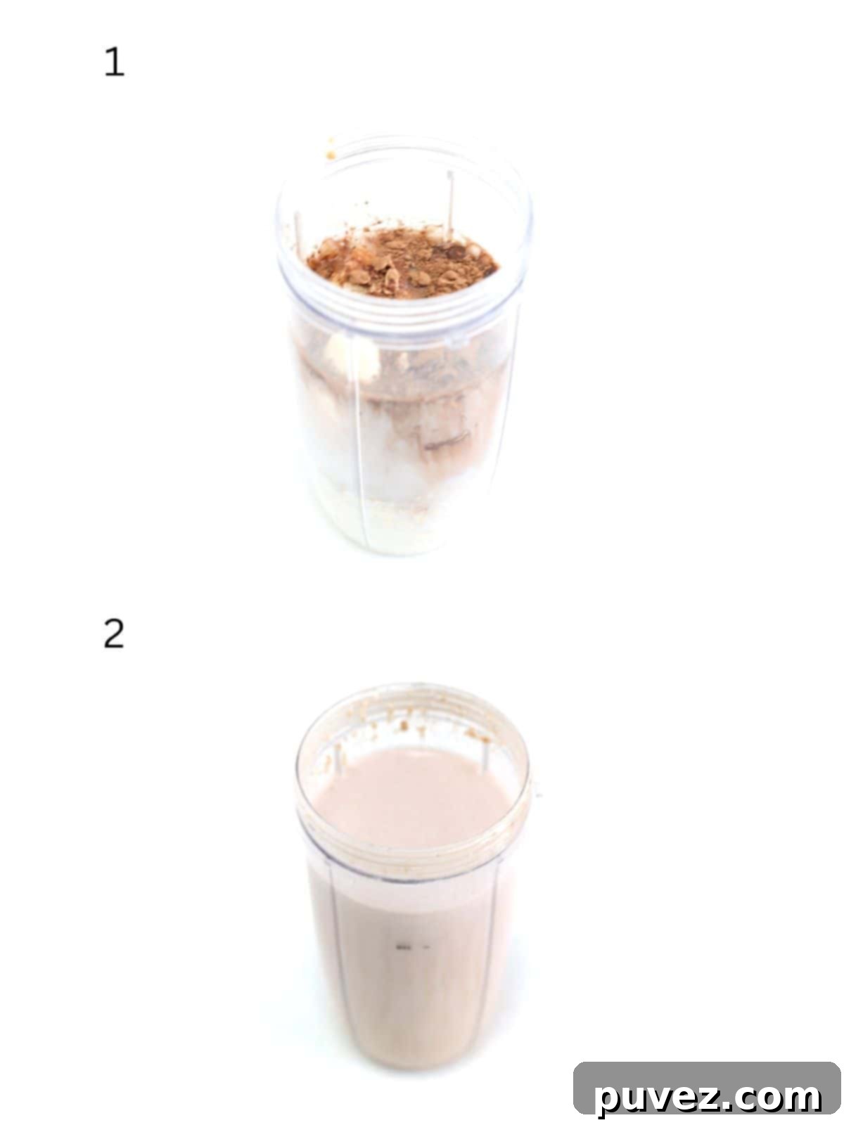 Two numbered images showing how to make a peanut butter banana oatmeal smoothie in a NutriBullet Pro blender.