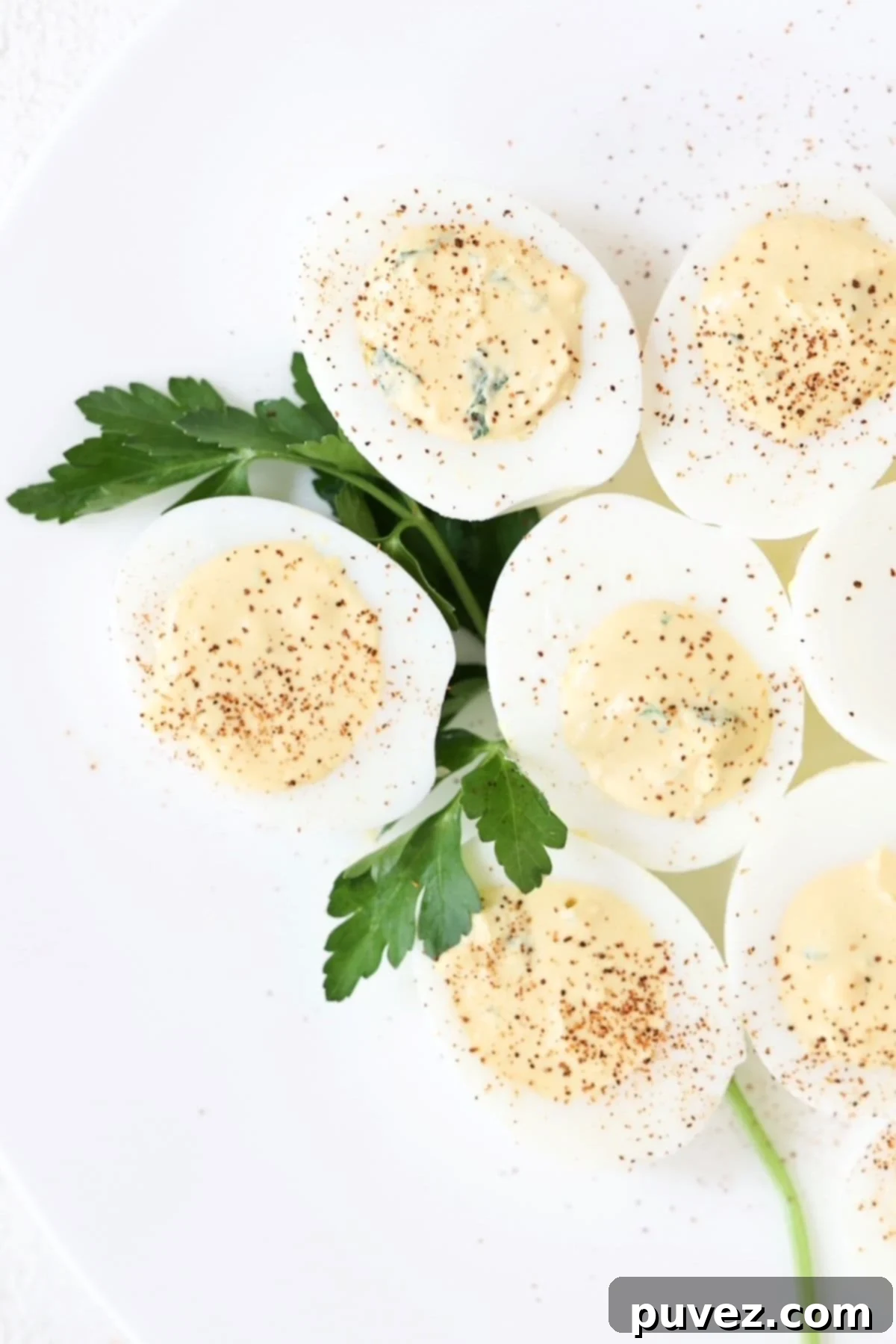 Effortless Mustard Free Deviled Eggs 2 Five deviled eggs perfectly arranged over a sprig of fresh flat-leaf parsley, ready to be served.