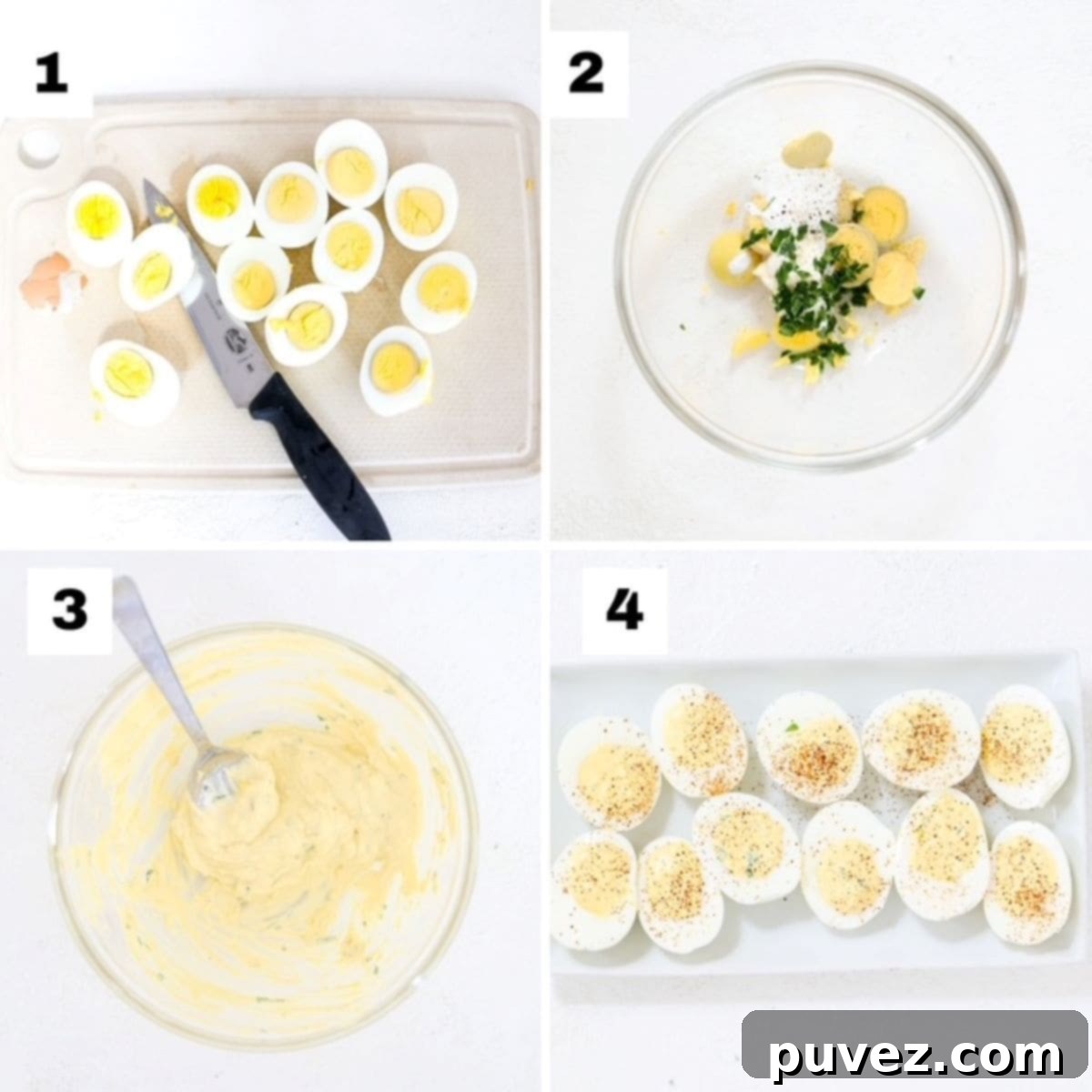 Effortless Mustard Free Deviled Eggs 4 A visual guide showing four numbered images demonstrating the easy steps to make deviled eggs.