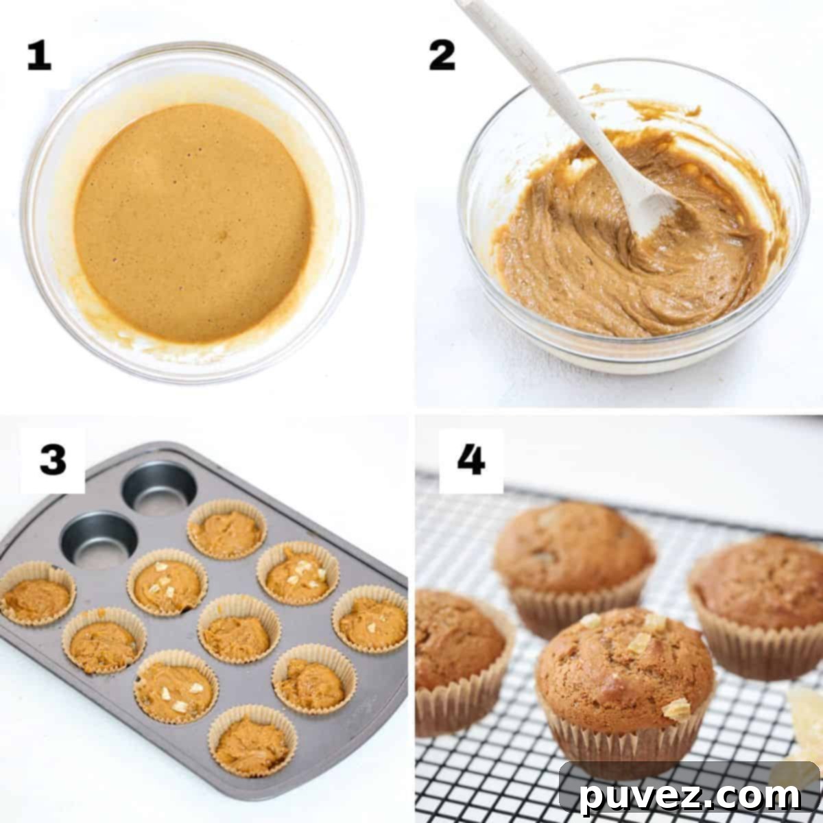Four numbered images showing how to make gingerbread muffins.