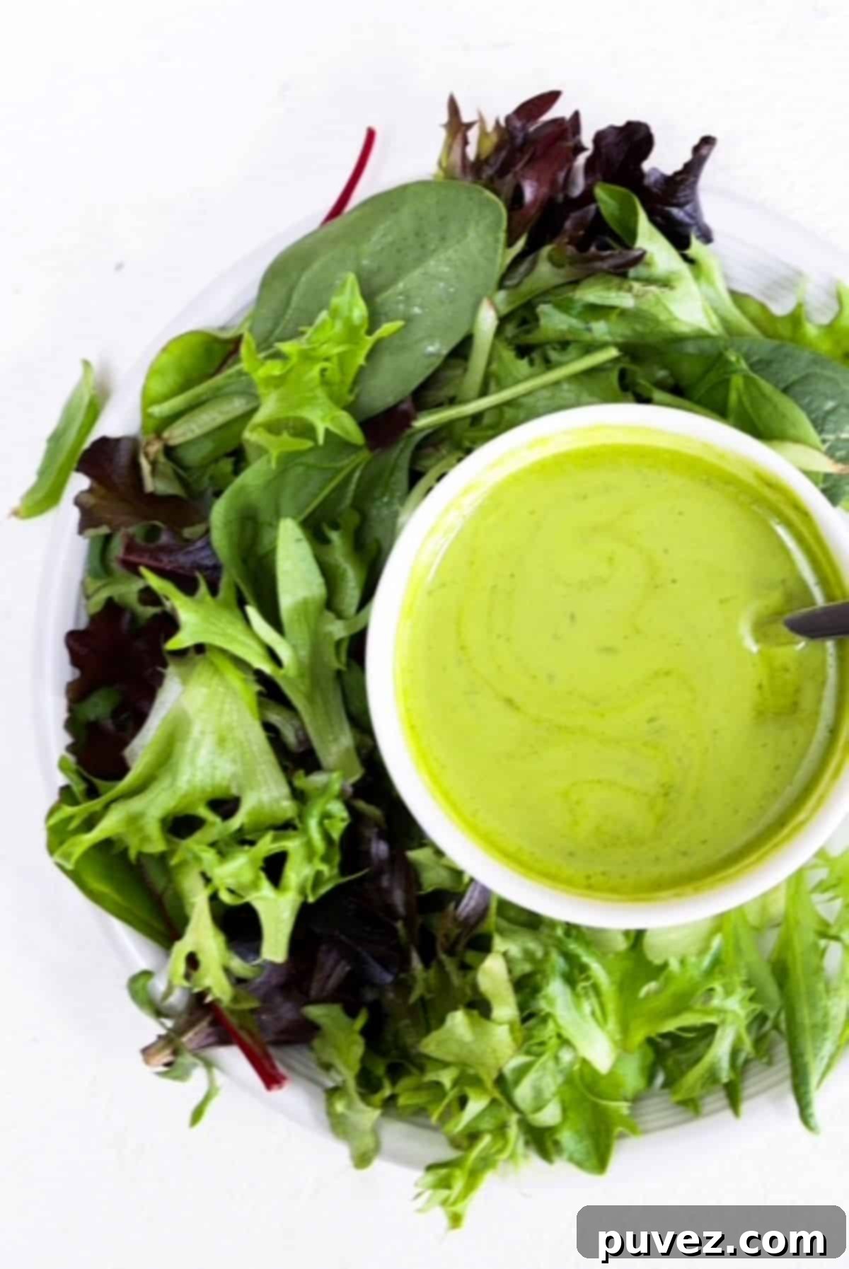 A small bowl of homemade Basil Balsamic Dressing served alongside a fresh, simple lettuce salad on a pristine white plate, highlighting its vibrant green color.