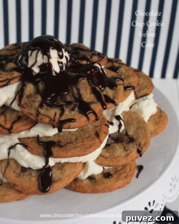 Chocolate Chip Cookie Icebox Cake with whipped cream and chocolate sauce