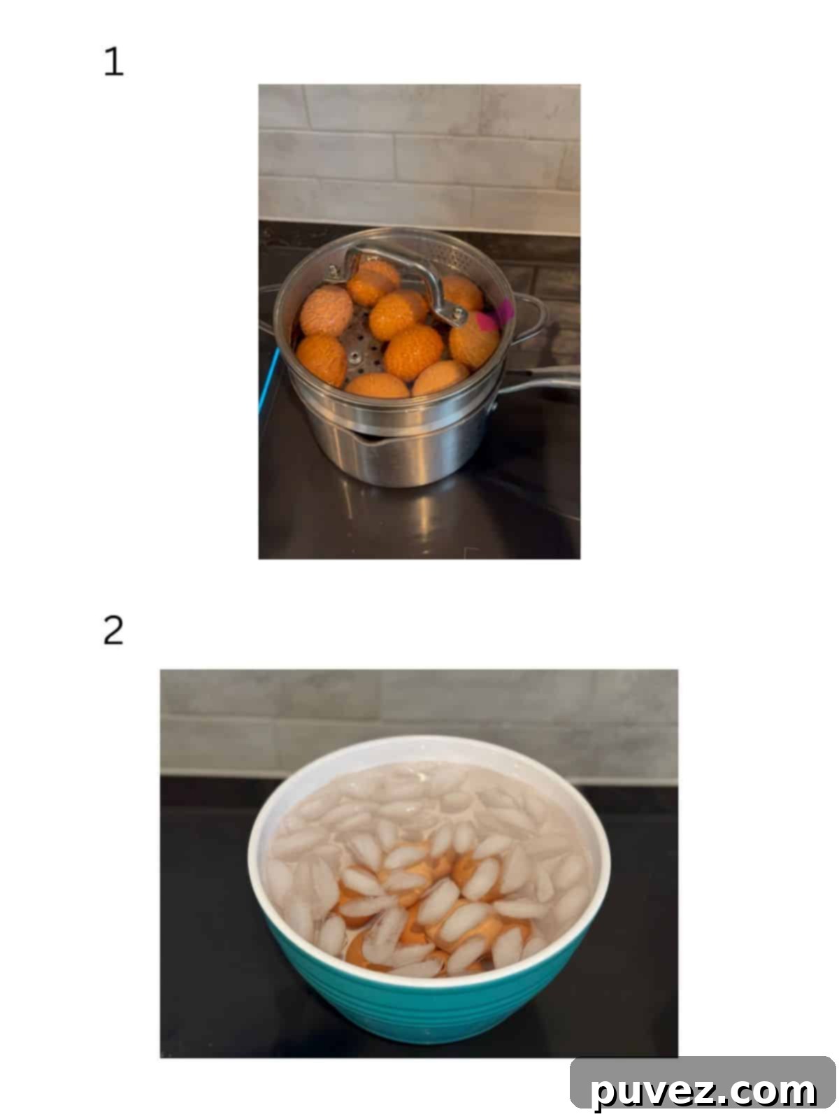 Two numbered images showing how to make steamed hard-boiled eggs.
