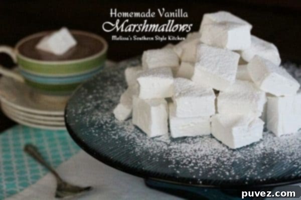 Homemade Vanilla Marshmallows dusted with powdered sugar.