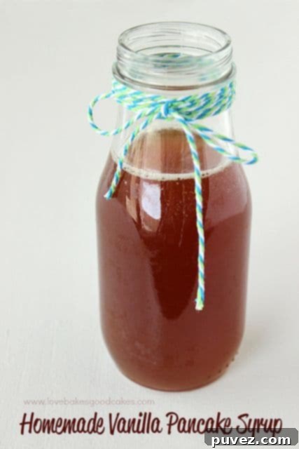 Homemade Vanilla Pancake Syrup in a small glass pitcher.