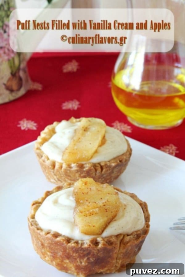 Puff Nests generously filled with rich vanilla cream and apple slices.